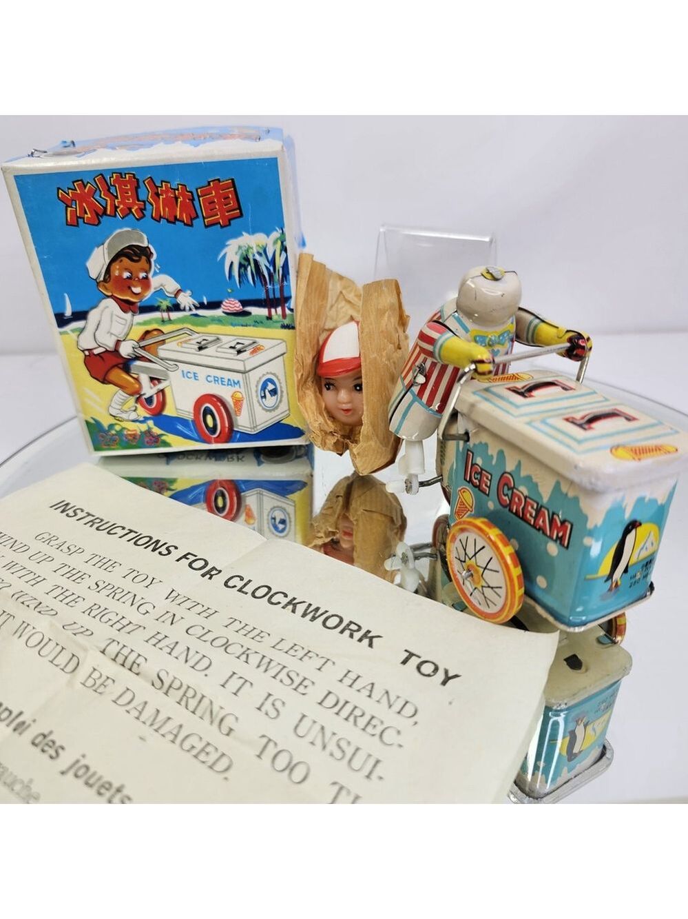 Tin Ice Cream Man Vendor Windup Vintage Collectible Toy Works! W/box Instruction
